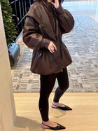 Women's Faux Leather Lantern Sleeve Cropped Jacket with Statement Collar