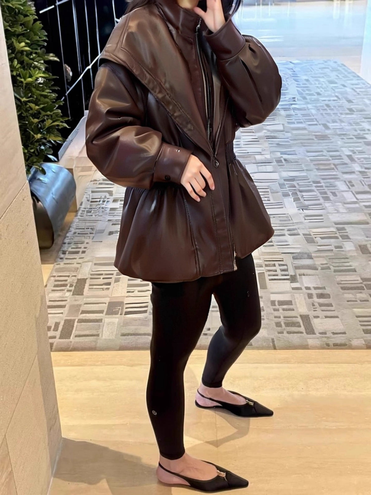 Women's Faux Leather Lantern Sleeve Cropped Jacket with Statement Collar