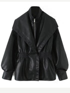 Women's Faux Leather Lantern Sleeve Cropped Jacket with Statement Collar