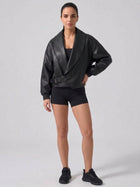 Women's Faux Leather Cropped Jacket with Wrap Front and Shawl Collar