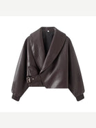 Women's Faux Leather Cropped Jacket with Wrap Front and Shawl Collar