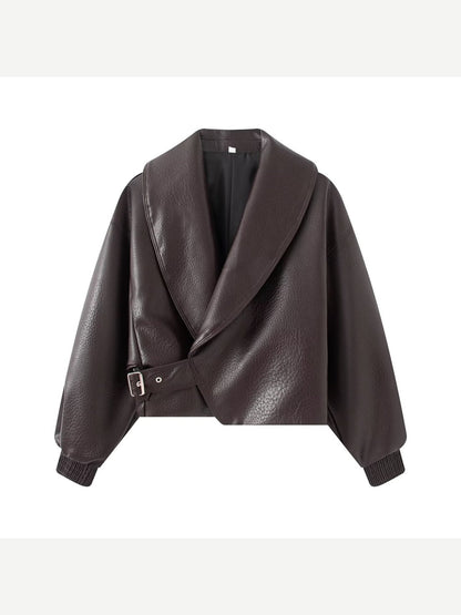 Women's Faux Leather Cropped Jacket with Wrap Front and Shawl Collar