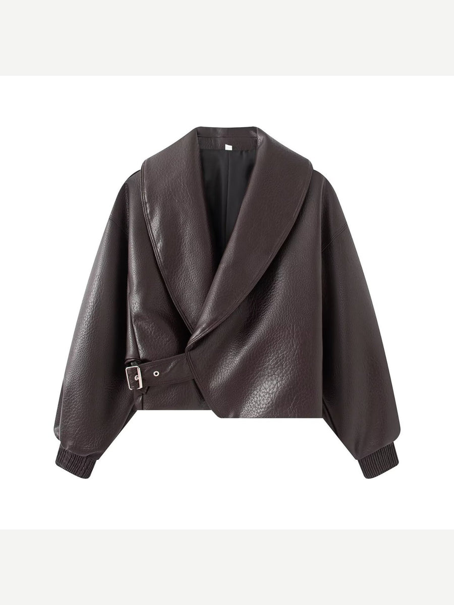 Women's Faux Leather Cropped Jacket with Wrap Front and Shawl Collar