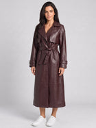 Women's Faux Leather Belted Long Trench Coat