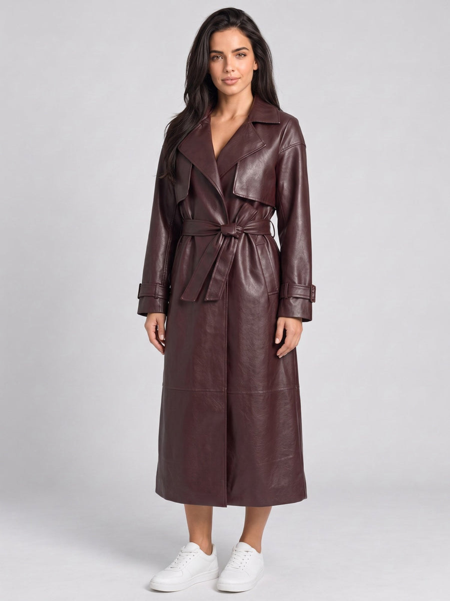 Women's Faux Leather Belted Long Trench Coat