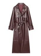 Women's Faux Leather Belted Long Trench Coat