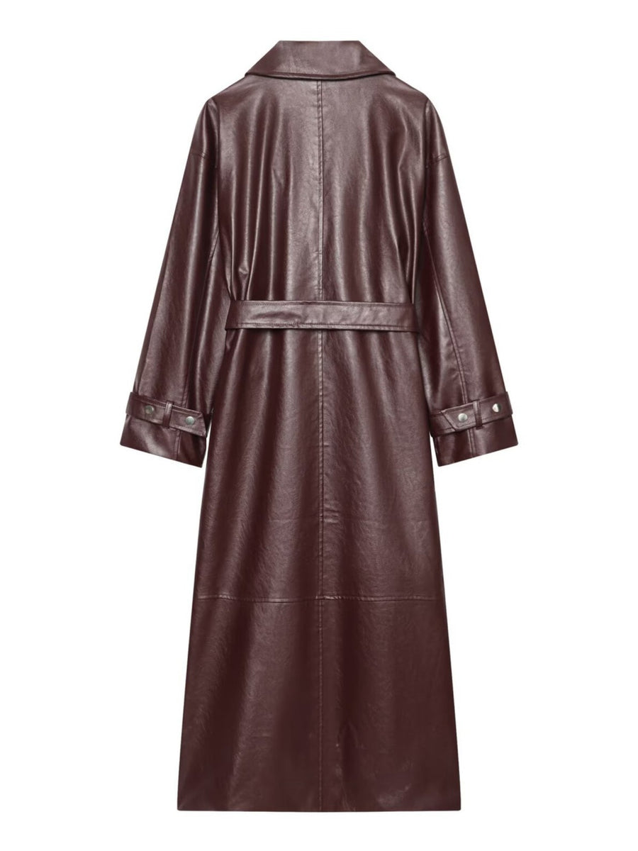 Women's Faux Leather Belted Long Trench Coat
