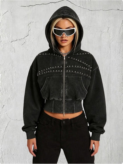Women's Cropped Washed Black Studded Zip-Up Hoodie