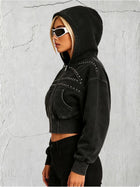 Women's Cropped Washed Black Studded Zip-Up Hoodie
