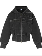 Women's Cropped Washed Black Studded Zip-Up Hoodie