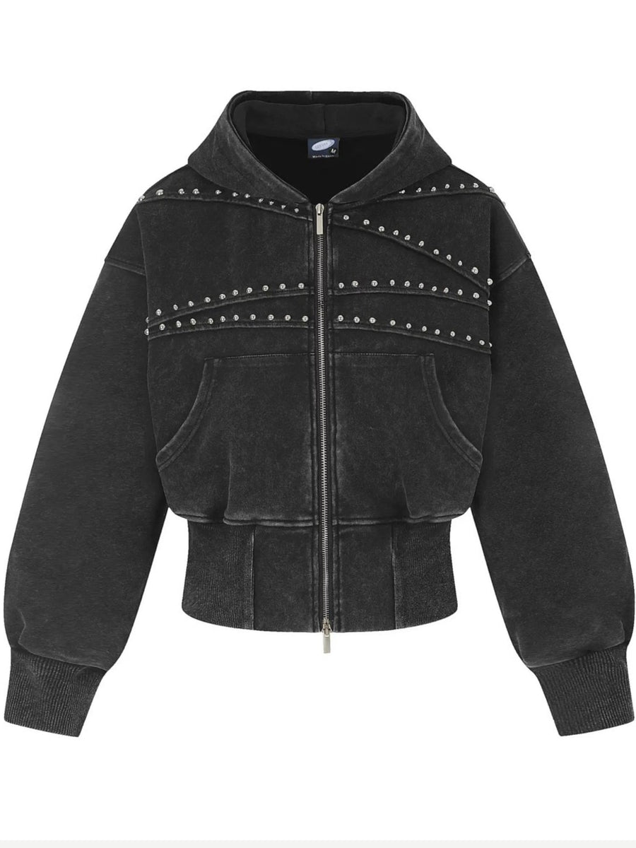 Women's Cropped Washed Black Studded Zip-Up Hoodie