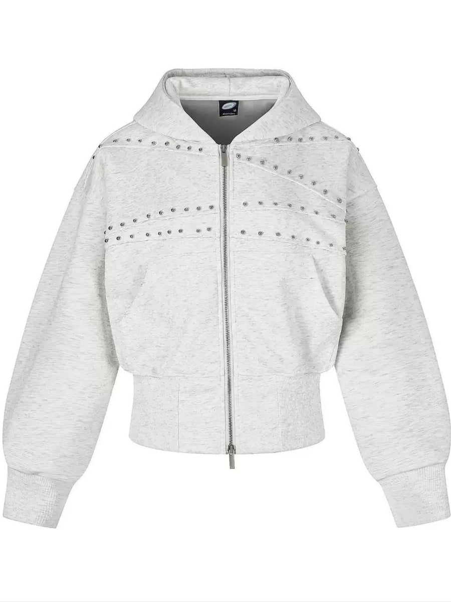 Women's Cropped Washed Black Studded Zip-Up Hoodie
