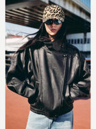 Women's Oversized Faux Leather Bomber Jacket with Asymmetrical Closure