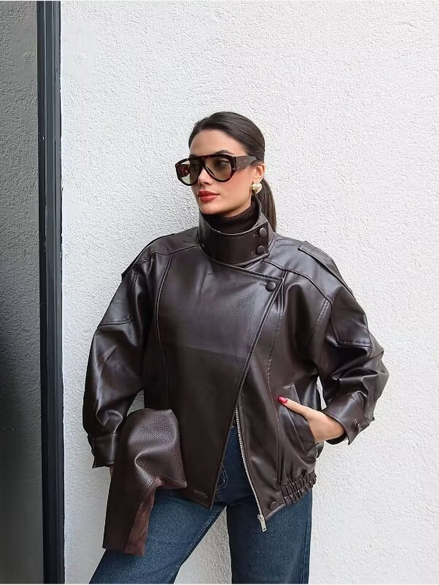 Women's Oversized Faux Leather Bomber Jacket with Asymmetrical Closure