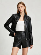 Women's Faux Leather Motorcycle Jacket with Zipper Pockets
