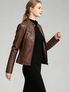 Women's Faux Leather Motorcycle Jacket with Zipper Pockets