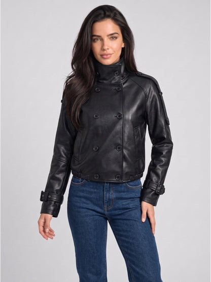 Women's Double-Breasted Faux Leather Cropped Jacket