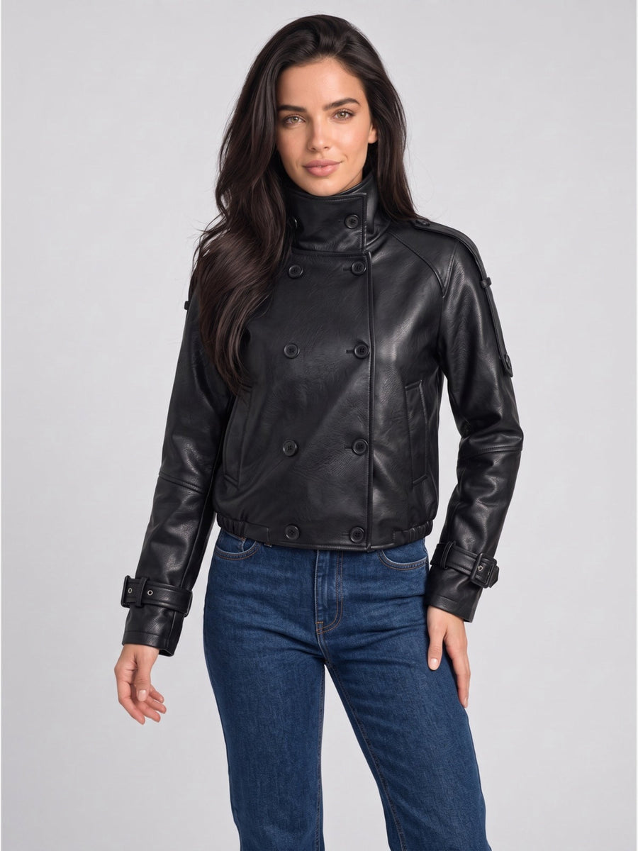 Women's Double-Breasted Faux Leather Cropped Jacket