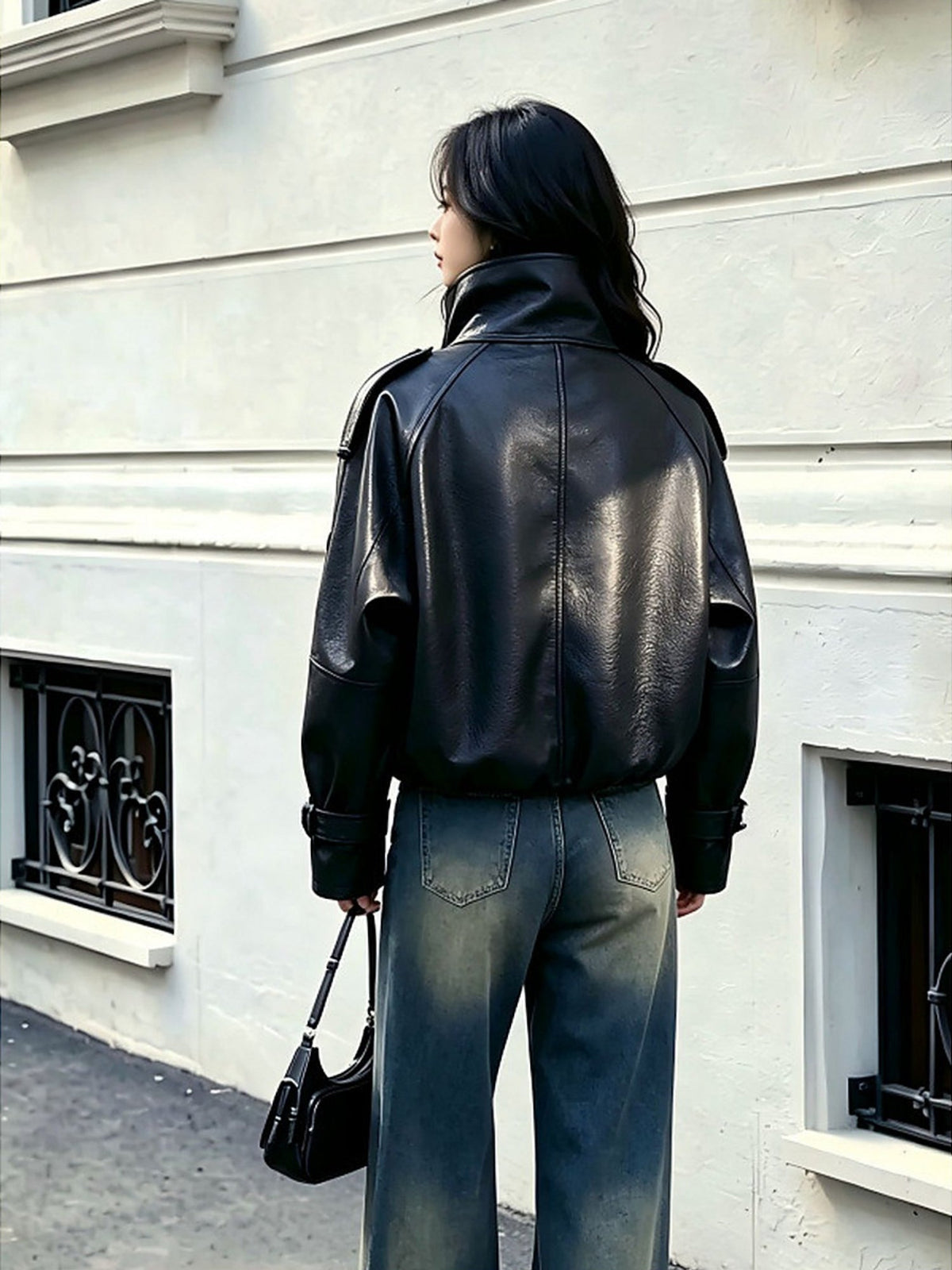 Women's Double-Breasted Faux Leather Cropped Jacket