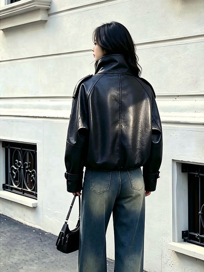 Women's Double-Breasted Faux Leather Cropped Jacket