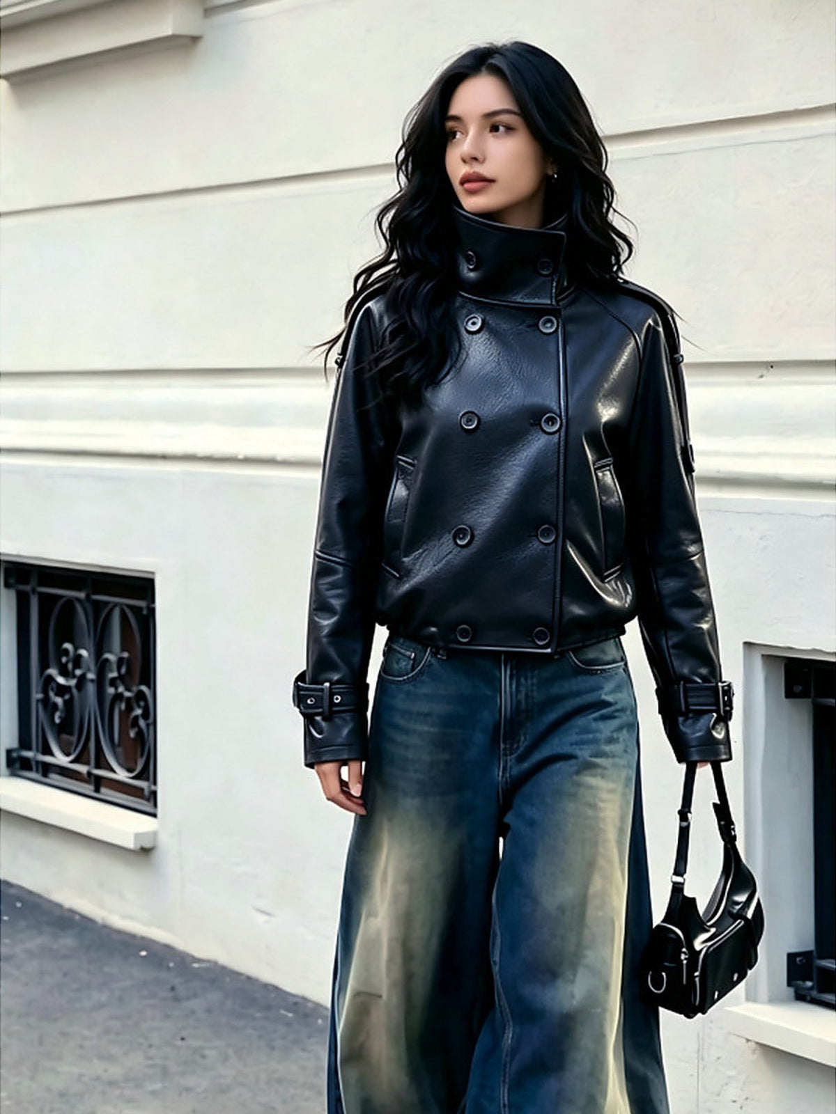 Women's Double-Breasted Faux Leather Cropped Jacket