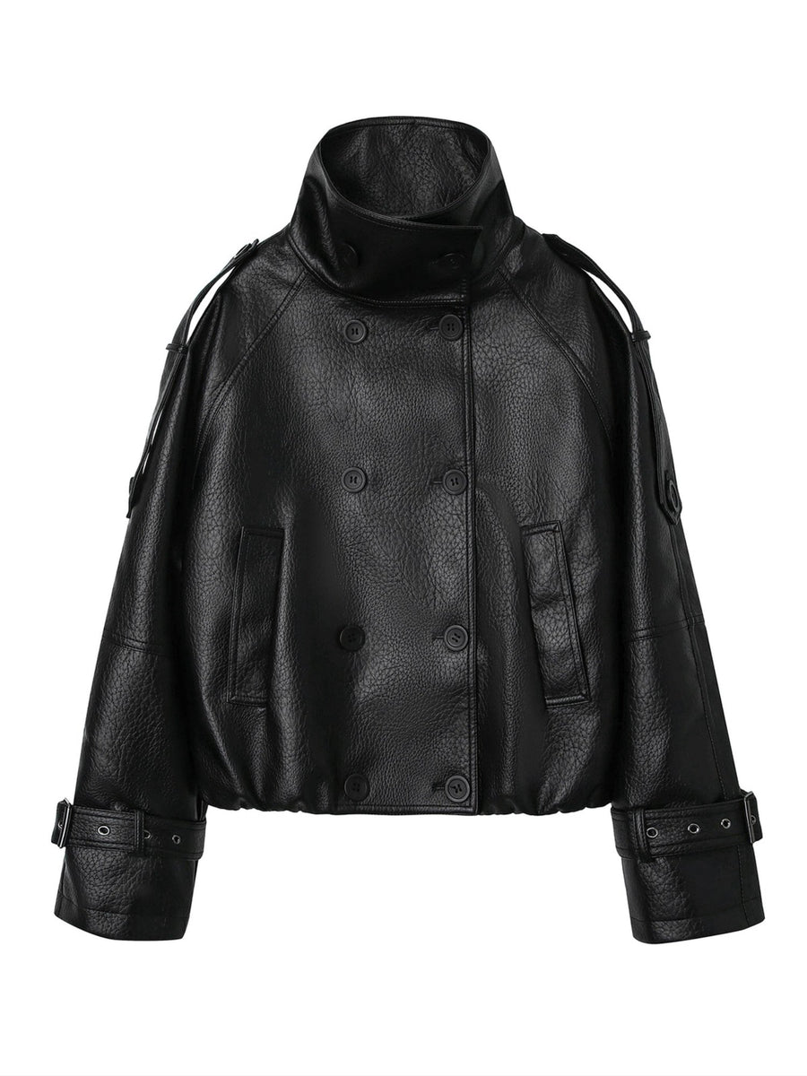 Women's Double-Breasted Faux Leather Cropped Jacket