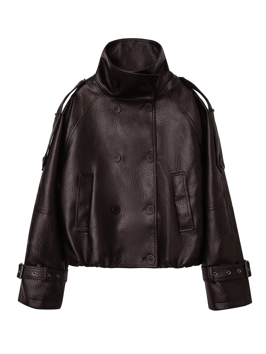 Women's Double-Breasted Faux Leather Cropped Jacket