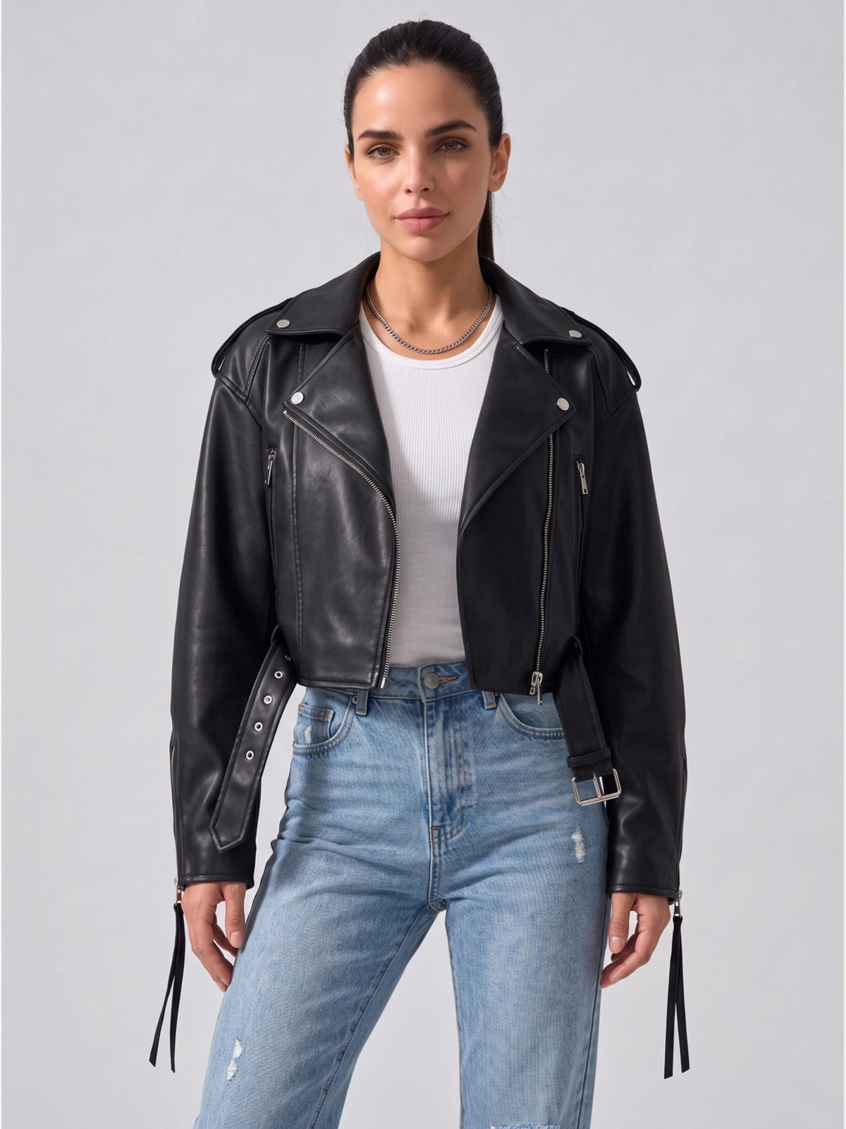 Women's Cropped Faux Leather Moto Jacket