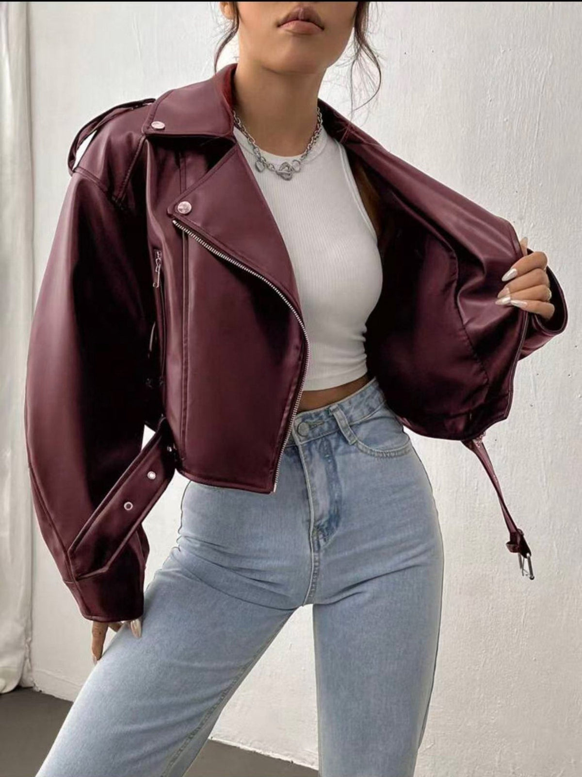 Women's Cropped Faux Leather Moto Jacket