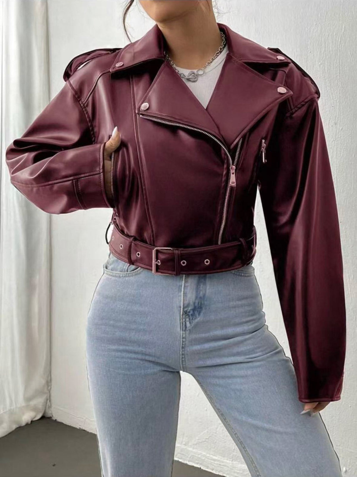 Women's Cropped Faux Leather Moto Jacket