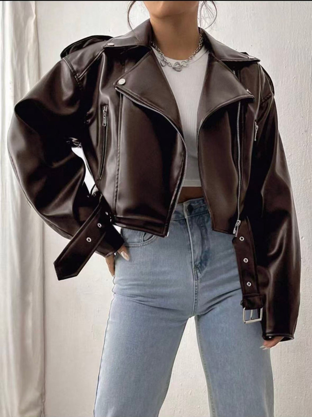 Women's Cropped Faux Leather Moto Jacket