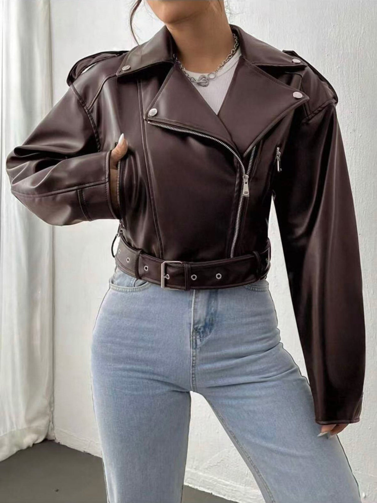 Women's Cropped Faux Leather Moto Jacket