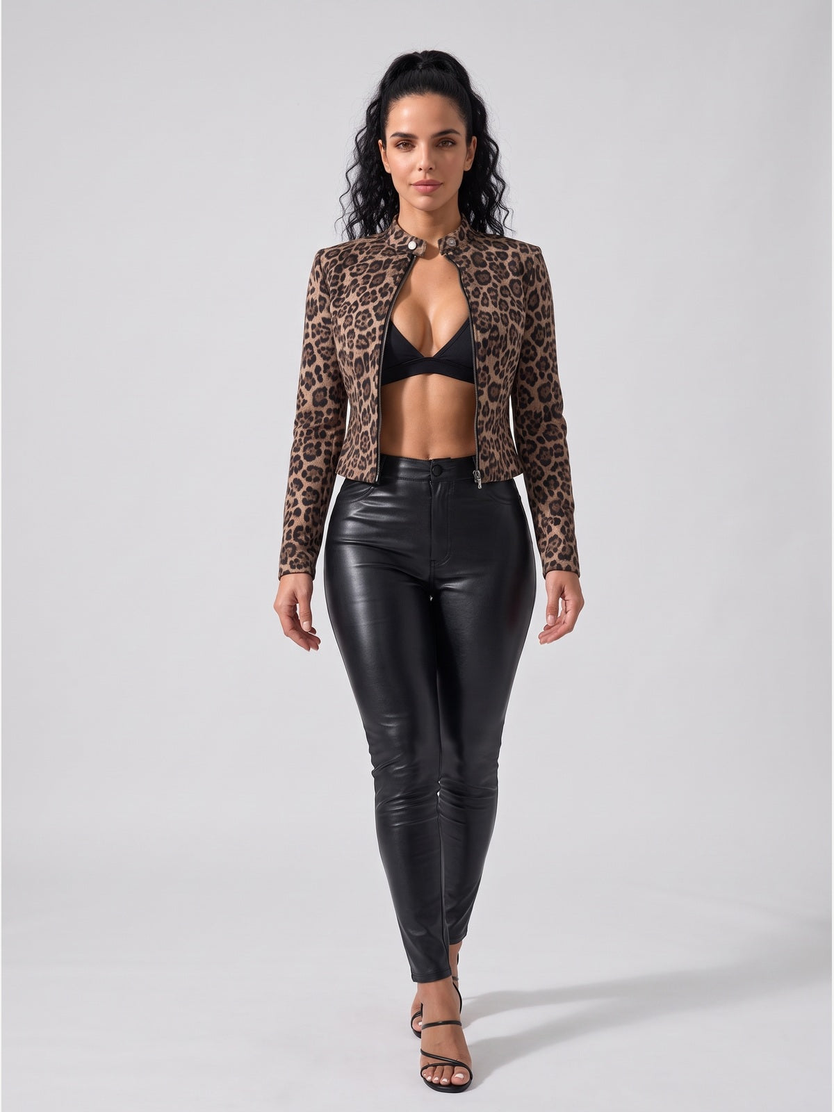 Women's Leopard Print Cropped Stand Collar Jacket