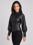 Women's Black Faux Leather Cropped Puff Sleeve Stand Collar Jacket