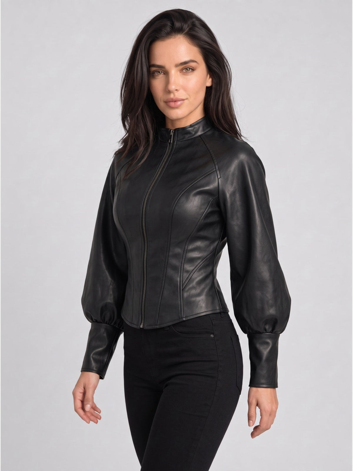 Women's Black Faux Leather Cropped Puff Sleeve Stand Collar Jacket