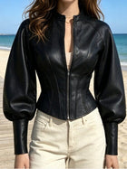 Women's Black Faux Leather Cropped Puff Sleeve Stand Collar Jacket