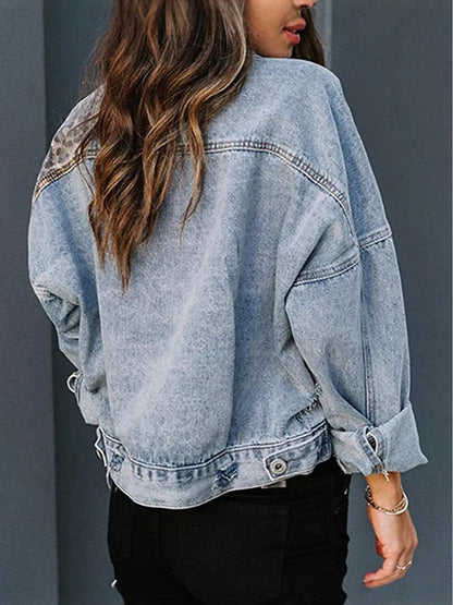 Women's Leopard Panel Distressed Denim Jacket