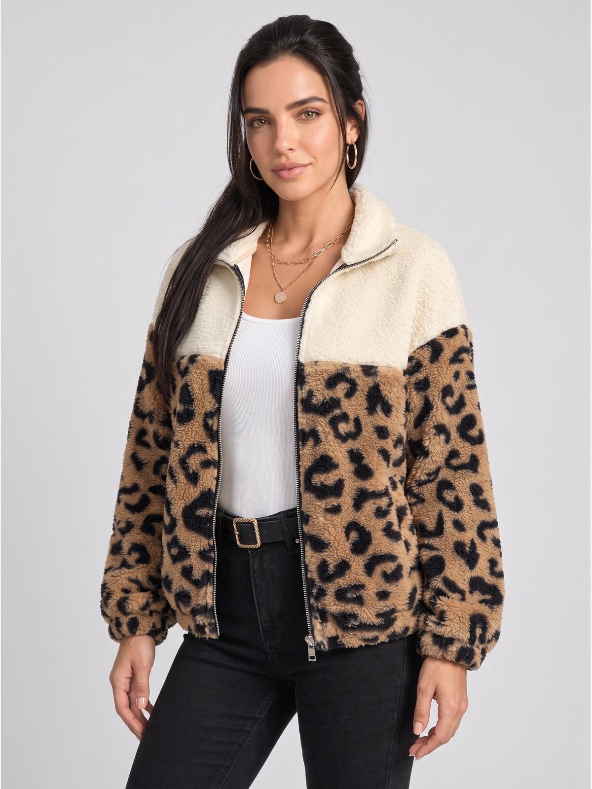 Leopard Print Color Block Sherpa Jacket