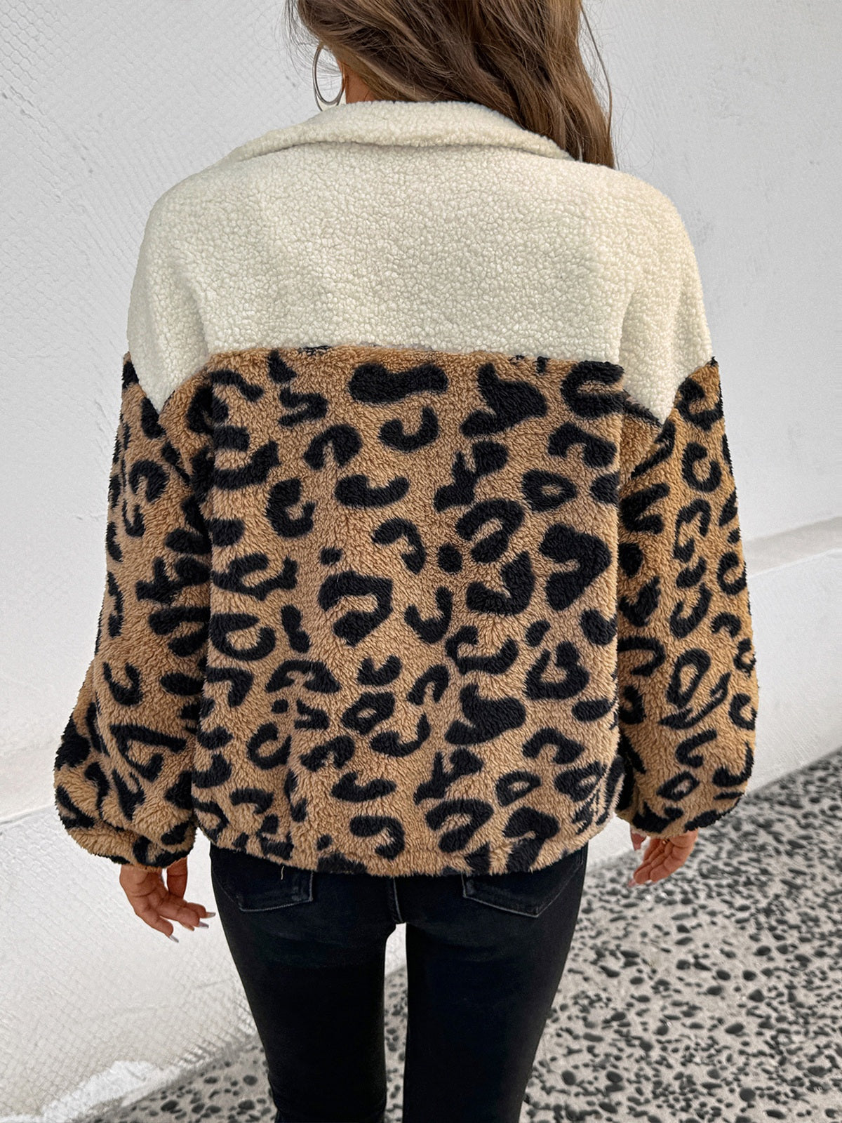 Leopard Print Color Block Sherpa Jacket