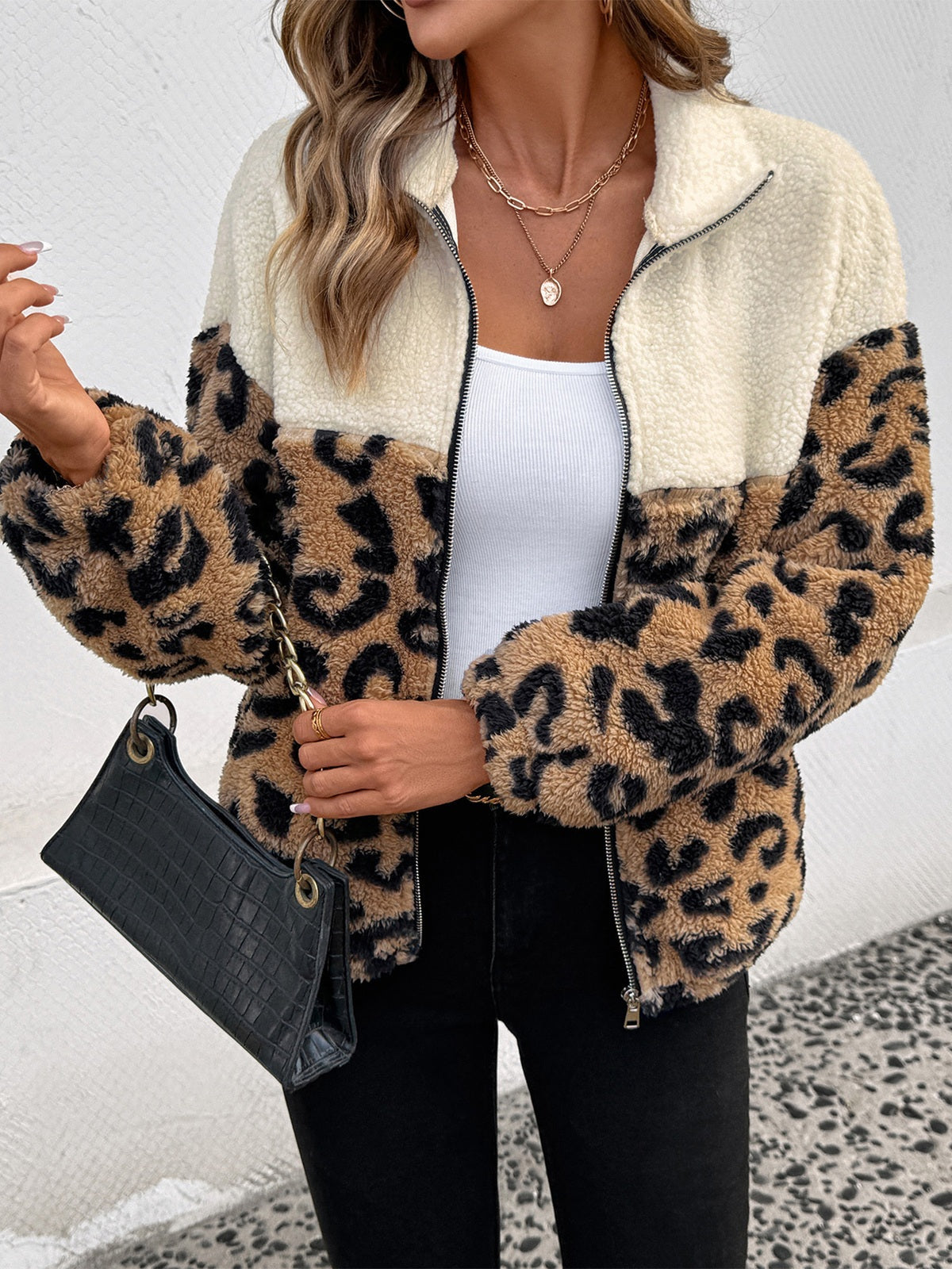 Leopard Print Color Block Sherpa Jacket