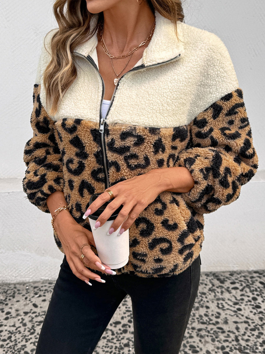 Leopard Print Color Block Sherpa Jacket