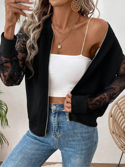 Black Lace Sleeve Bomber Jacket