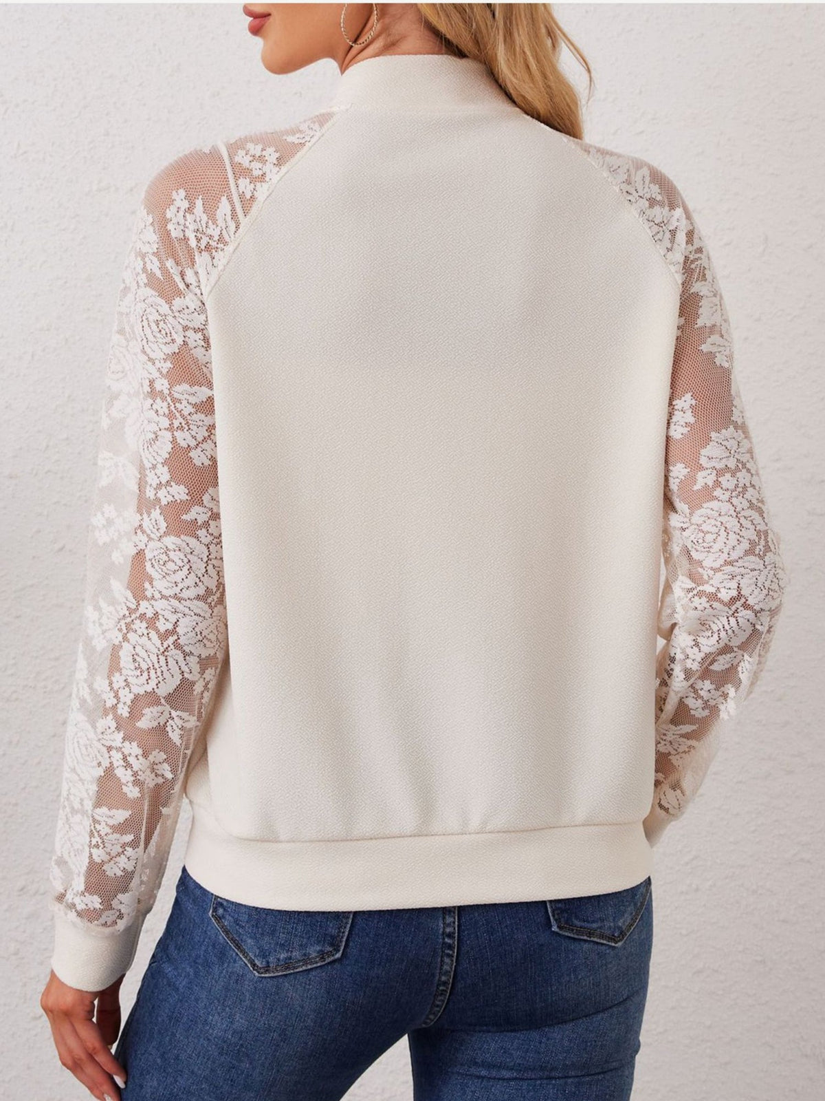 Black Lace Sleeve Bomber Jacket