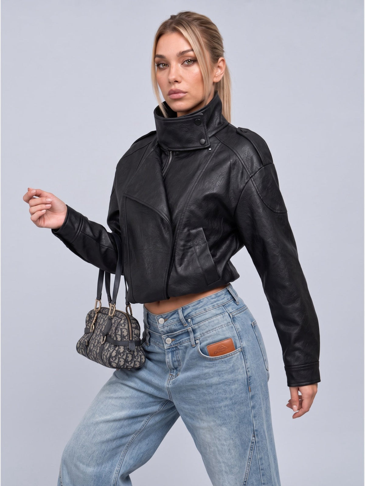 Women's Faux Leather Asymmetric Zip Cropped Jacket