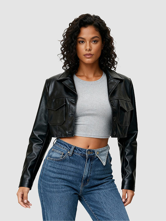 Cropped Faux Leather Biker Jacket