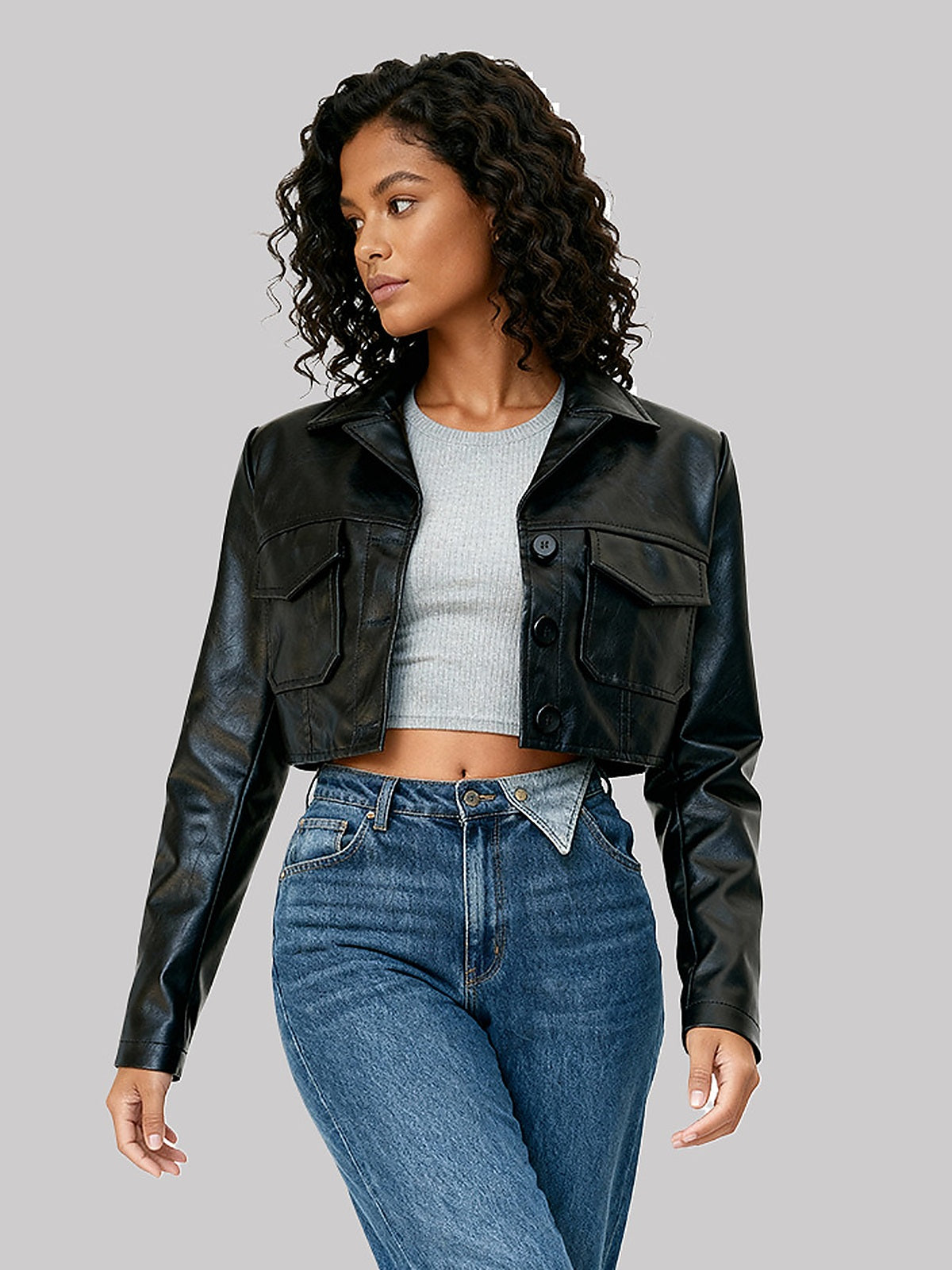 Cropped Faux Leather Biker Jacket
