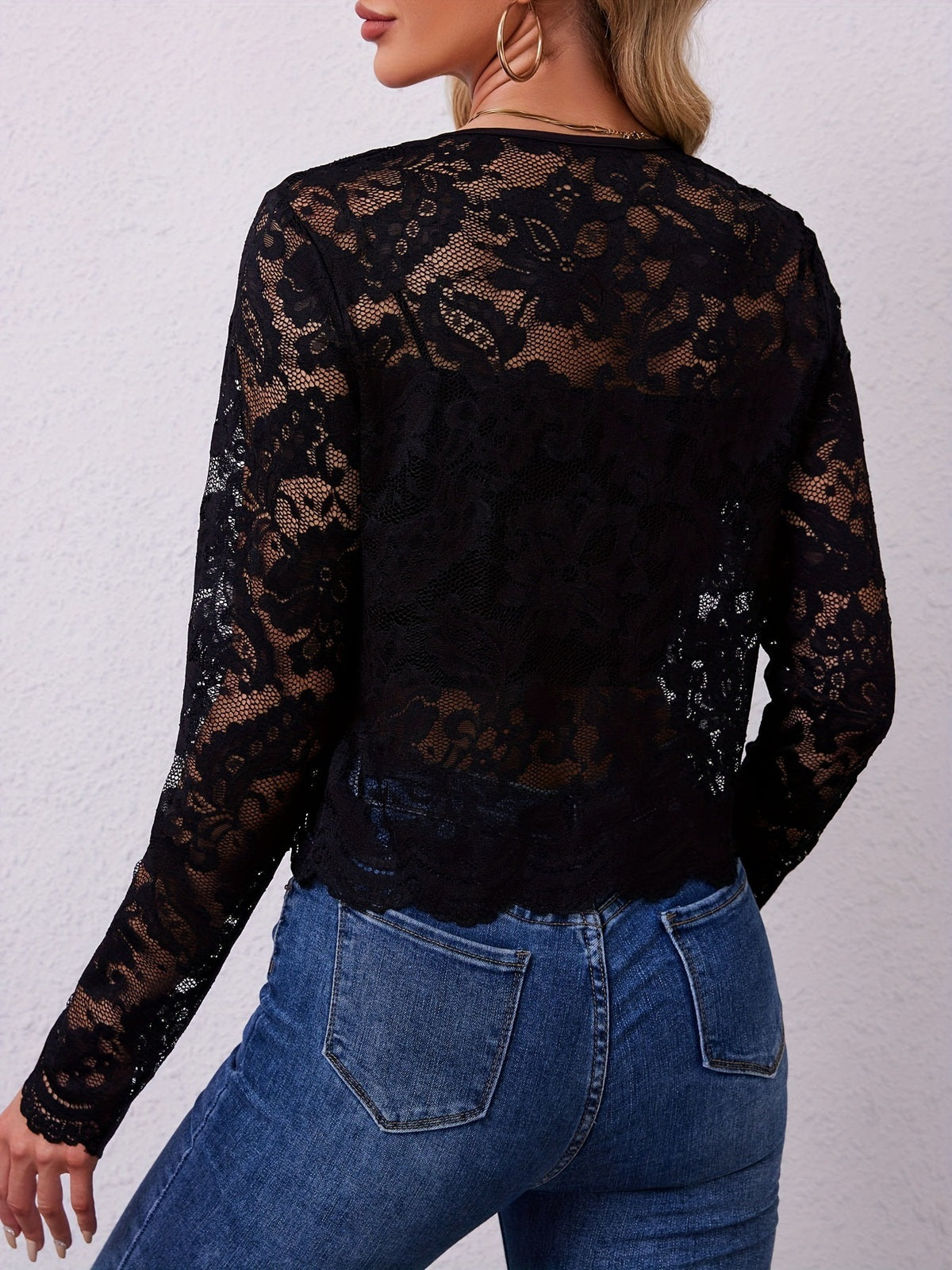 Women's Black Sheer Lace Open Front Cropped Jacket