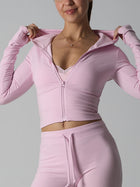 Fitted Zip-Up Hooded Crop Top with Thumbhole Cuffs