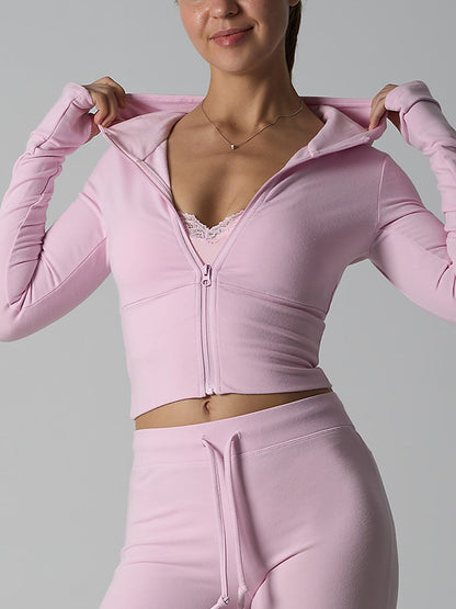Fitted Zip-Up Hooded Crop Top with Thumbhole Cuffs