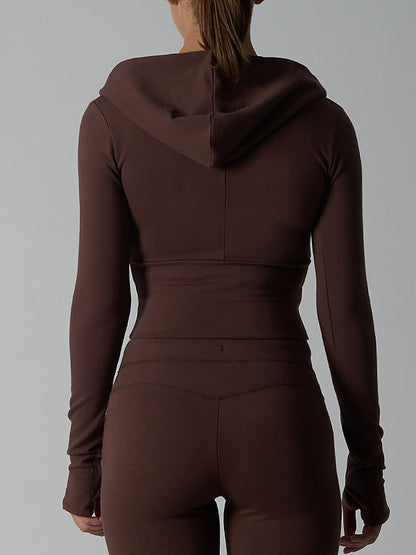 Fitted Zip-Up Hooded Crop Top with Thumbhole Cuffs